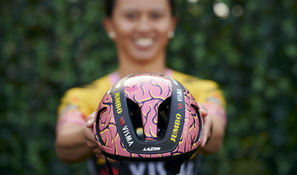 Team Jumbo-Visma rides with unique Lazer helmets during Paris-Roubaix to raise awareness around wearing bike helmet